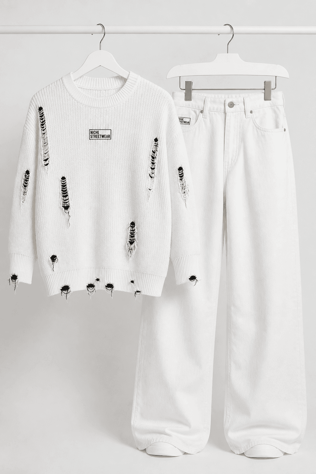 Set Rip Knit White + Jeans — Сет